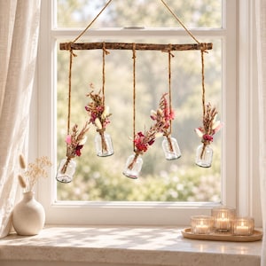 Kit de bricolaje para colgar una rama en la ventana con jarrones de cristal y flores secas.