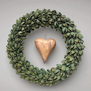 Couronne de porte, couronne murale, cœur en bois vert, style bohème scandinave naturel