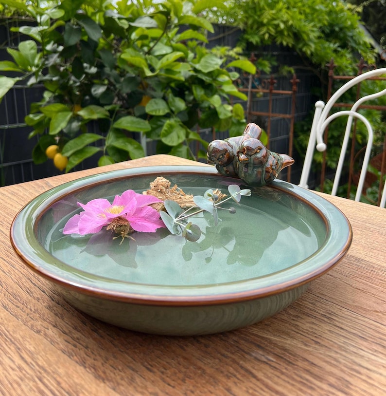 Ceramic bird bath with birds – bird bath garden decoration insect bath Grün 28cm
