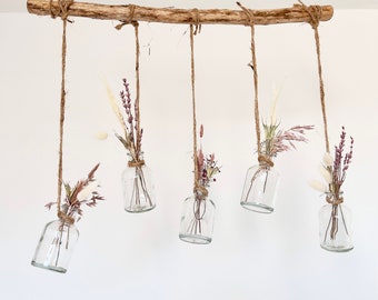 Raamdecoratie raamhanger tak met vazen gedroogde bloemen raamdecoratie DIY