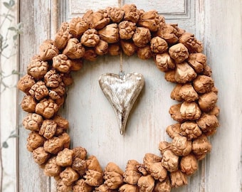 Ghirlanda per porta a forma di cuore in legno da 30 cm, ghirlanda naturale per casa di campagna, ghirlanda da parete Skandi