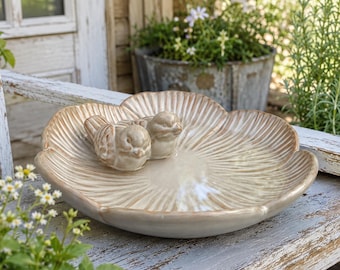 Vogeltränke Keramik 25 cm Beige Gartendeko mit Vögeln