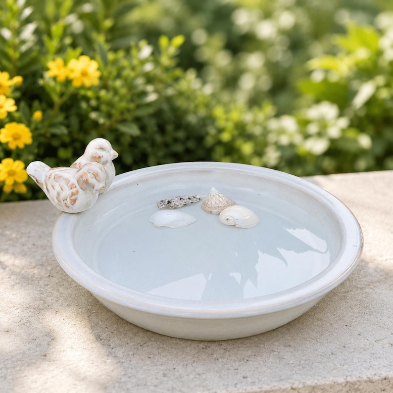 Ceramic bird bath with birds – bird bath garden decoration insect bath Grau 28cm