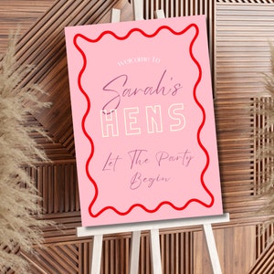 Pink Wavy Hens Welcome Sign, Digital hens welcome sign, Editable Canva Template, Hens Party welcome sign, Hens Retro wave welcome sign