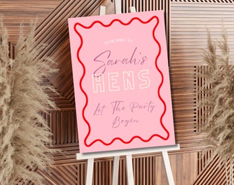 Pink Wavy Hens Welcome Sign, Retro Party Decor (Editable Canva Template)