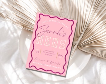 May include: Pink invitation with a glittery border, announcing "You're invited to celebrate Sarah's Hens" with the date "Feb 04" and time "5:00 PM". The invitation also includes the location "The Rogat Pub, 23 Smith Street,  " and the RSVP information "RSVP phone 0-400 123 150 by 151".