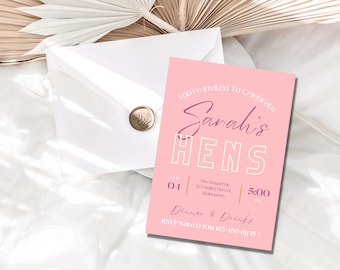 Pink Hens Party Invitation template, Printable bachelorette party invite, evite , editable invite, bachelorette party invitation