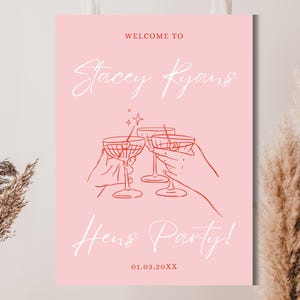 Pink Wavy Hens Welcome Sign, Digital hens welcome sign, Editable Canva Template, Hens Party welcome sign, Hens Retro wave welcome sign