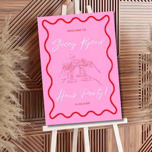 Pink Wavy Hens Welcome Sign, Digital hens welcome sign, Editable Canva Template, Hens Party welcome sign, Hens Retro wave welcome sign