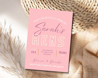 Pink hens party invitation, hens invitations, bachelorette party, bachelorette invitation printable, bridal shower invitation printed