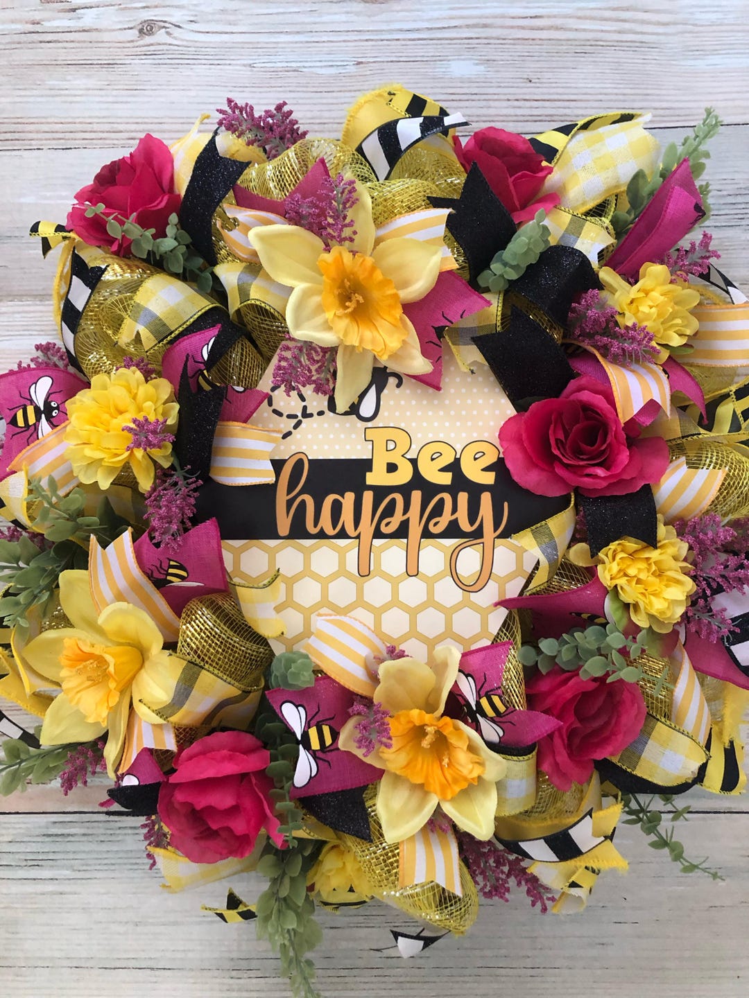 Bumble Bee Spring Wreath: 'bee Happy' Sign Front Porch Decor - Etsy
