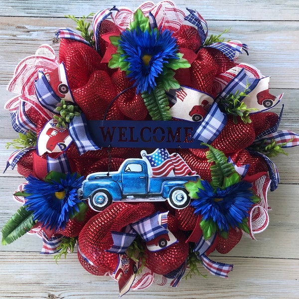 Welcome Front Door Patriotic Wreath, 4th of July Wreath, Red White and Blue Decorations, Patriotic Front Door Decor, Farmhouse Decor