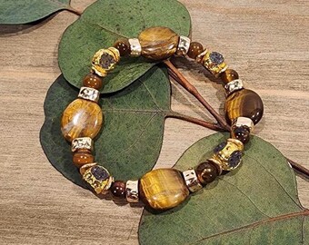 Bold Tiger Eye and Lava Stone Bracelet with Gold Highlights