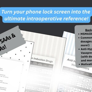 May include: A digital collection of intraoperative reference phone lock screen backgrounds featuring medical charts. Text includes "Turn your phone lock screen into the ultimate intraoperative reference!", "GREAT FOR SAAs & SRNAs!", and lists of drugs.