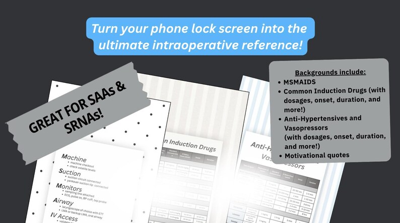 May include: A digital collection of intraoperative reference phone lock screen backgrounds featuring medical charts. Text includes "Turn your phone lock screen into the ultimate intraoperative reference!", "GREAT FOR SAAs & SRNAs!", and lists of drugs.