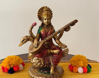 Goddess Saraswati Statue Copper Finish Marble Dust Resin Idol, Maa Saraswati figure for Home, Hindu Goddess of Wisdom