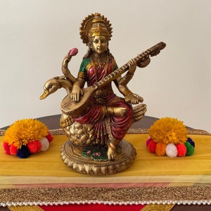 Goddess Saraswati Statue Copper Finish Marble Dust Resin Idol, Maa Saraswati figure for Home, Hindu Goddess of Wisdom