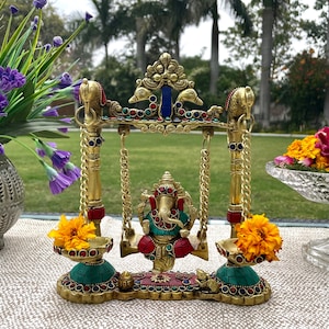 Ganesha Statue, Lord Ganesh Swing Brass Idol Stonework Hindu God Idols, India Diya Lamp Traditional Home Decor Ideas, Gift