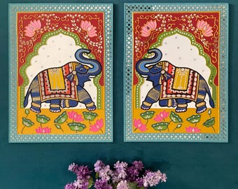 Lippan Art Wall Decor, Elephant Motif Set of 2 Wall Hanging for living room, Indian Colourful Wall Art