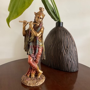 Sri Krishna Statue Copper Finish, 9.5 Inch Govinda Marble Dust Idol, Indian Hindu God Statue, Krsna Pooja Murti Gift