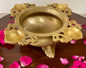 Brass Urli bowl Decor With Diya, Floating Flowers Diya Urli Stand home decoration Idea, Festive Gift Indian Art