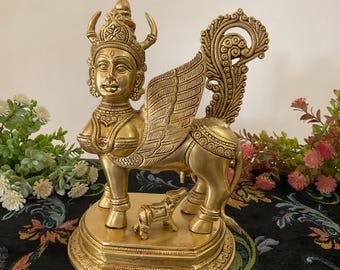 Cow and Calf Kamdhenu 10 Inches Handmade Brass Statue, Brass Idol for Home Mandir Pooja Festive Gift