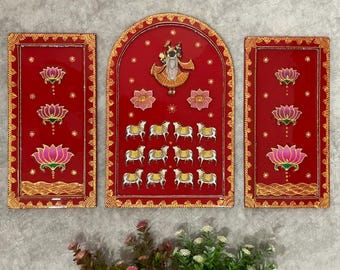 Shrinathji Jharoka Lotus Pichwai Wall Hanging (Set of 3), Indian Traditional Wall Decor, Housewarming Gift