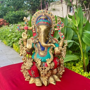 Brass Ganesha Statue Large, 16 Inches Lord Ganesh Brass Idol Stonework, Home Decor, Hindu God Statue, Ganapati, Vinayaka, Housewarming Gift