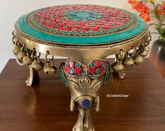 Brass Chowki For Idols, Elephant Brass Stonework Chowki With Bells for Pooja, Hindu god Statues chowki, Indian home decor