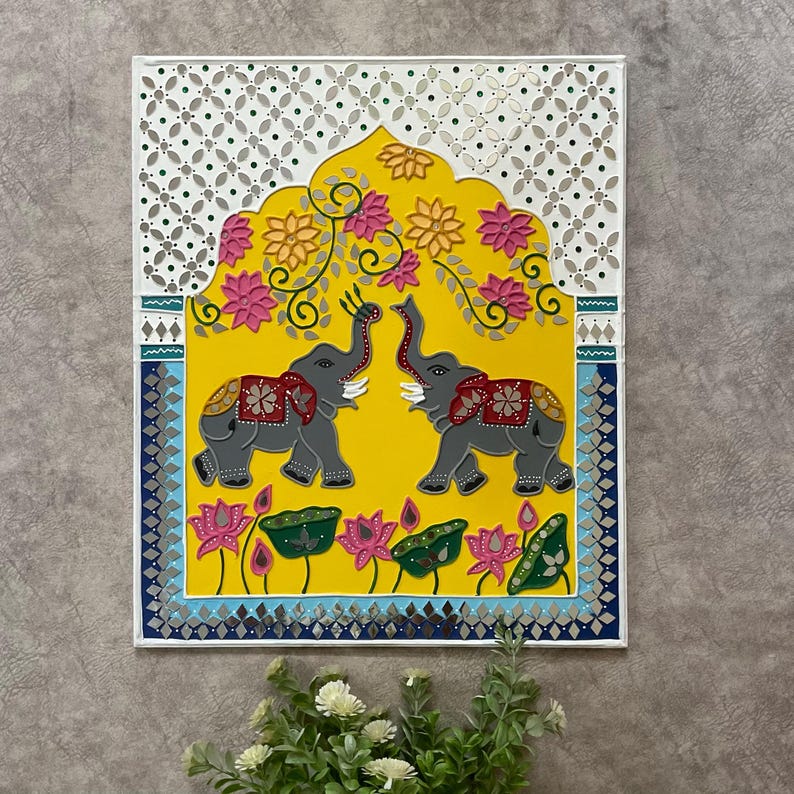 Lippan Art Wall Decor, Elephant Flower Rangoli Lippan Mirror Art (Set of 3) , Wall Hanging for living room, Indian Colourful Wall Ar image 3