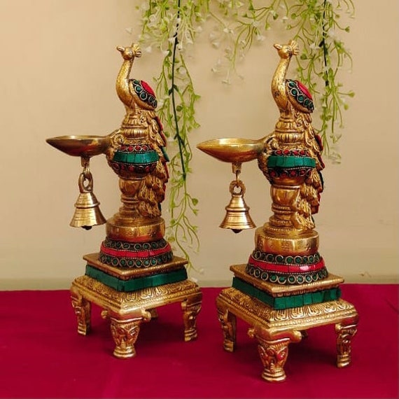 Traditional Brass Temple Bells with Peacock for Home Decor Brass