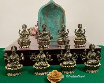 Brass Ashtalakshmi Statue 3 inch, Eight incarnations of Lakshmi, Indian Handicrafts Home Decor, Brass Ashta Laxmi Idol Set of 8 pieces