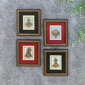 Handcrafted Jewelry Painting (Set of 4) - Wall Decor - 22K Gold Leaf Meenakari Marble Art - Rajasthani Decor - Indian Wall Hanging