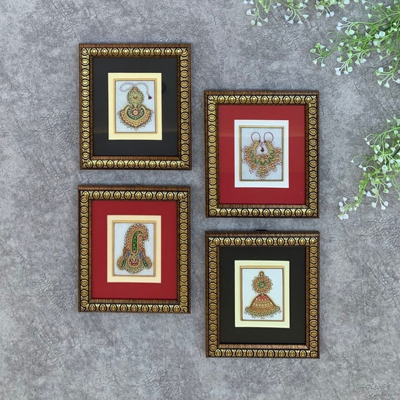 Handcrafted Jewelry Painting (Set of 4) Wall Decor 22K Gold Leaf  Meenakari Marble Art Rajasthani Decor Indian Wall Hanging - Main Image