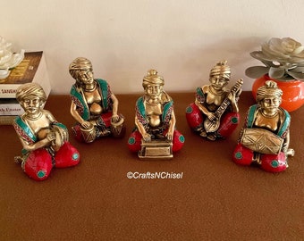 Brass Musician Decorative With Stonework (set of 5) - Brass Table Decor - Indian Home Decor - Living room Showpiece
