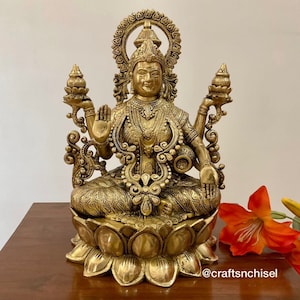 Lakshmi Statue Brass 12 Inch, Large Goddess Laxmi Idol for Pooja Temple, Hindu Goddess of Wealth, Indian Home Decor Housewarming Gift