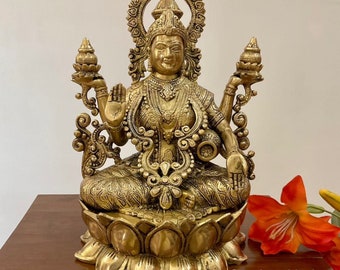 Lakshmi Statue Brass 12 Inch, Large Goddess Laxmi Idol for Pooja Temple, Hindu Goddess of Wealth, Indian Home Decor Housewarming Gift