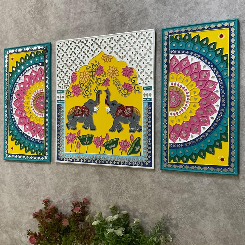 Lippan Art Wall Decor, Elephant Flower Rangoli Lippan Mirror Art (Set of 3) , Wall Hanging for living room, Indian Colourful Wall Ar image 2