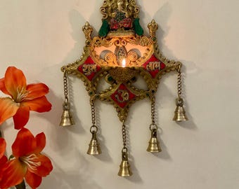 Shubh Labh Ganesha wall hanging Diya bell, Entrance Home Decor, Pooja Room Indian Wall Decor, Housewarming Gift