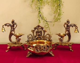 Urli Bowl Diya Set, Lakshmi Urli and Peacock Diya Set of 3, Flower Diya Bowl Showpiece Home Decor, Housewarming Gift