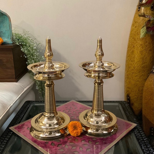 Brass Nilavilakku Kerala Diya Stand Set of 2, 12 Inch Brass Kuthu vilakku Diya for Pooja, Oil Lamp Indian decor gift