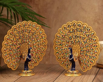 Handcrafted Decorative Metallic Peacock (Set of 2) - Meenakari Stonework - Animal Decor- Animal Home Decor - Living room decor - Gift