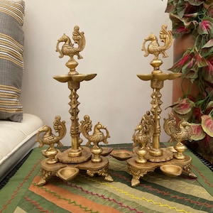 Annam Brass Diya lamp Set of 2, Peacock Diya Oil Lamp Brass Decor, Diya for Pooja, Annapakshi Brass Stand Indian Festive Housewarming Gift