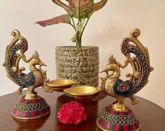 Brass Deepak with Stonework, Peacock Diya Set of 2, Indian Brass Diya for Pooja item, Oil Lamp Temple Decor Festive Gift