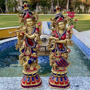 Radha Krishna Statue Large, 30 Inches Radha Krishna Stonework Brass Idol, Indian Brass Decor, God Pooja Idol, Housewarming Gift, God of Love