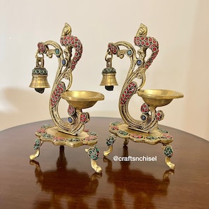 Peacock Brass Diya With Stonework, Pooja Diyas Oil Lamp Stand with Bell, Traditional Lamps Deepak for Temple Mandir Altar