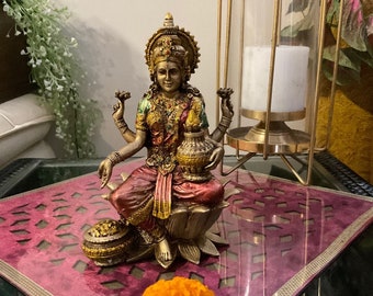 Lakshmi Statue for Home, 7 Inches Goddess Laxmi Idol Cultured Marble Copper finish, Hindu Goddess of Wealth, Lakshmi Idol Temple Decor