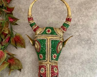 Nandi Wall Hanging Brass Stonework Decor, Entrance Home Decor, Pooja Room Indian Wall Decor, Housewarming Gift