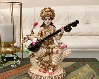 Goddess Saraswati Marble Dust and Resin Idol - Hindu goddess of Arts, Music, Knowledge, Indian home decor Home Temple, housewarming Gift