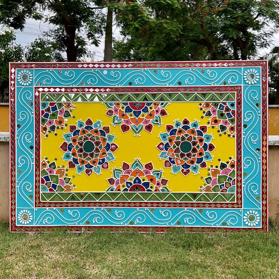 Lippan Art Wall Decor, Flower Rangoli Lippan Wall Hanging - Clay Mirror Wall Decor, Wall Hanging for living room, Indian Wall Art